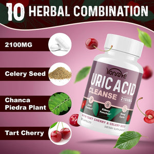 Yonrave Uric Acid Cleanse & Detox - Tart Cherry Capsules, Celery Seed Uric Acid Supplement – Kidney, Joint and Sleep – 90 Veggie Capsules（1 Bottle）