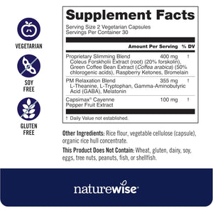 Naturewise Nighttime Fitness Support Supplement & Natural Sleep Aid with Cayenne Extract, Green Coffee Bean, GABA, L-Theanine - Vegetarian, Non-Gmo - 60 Capsules[1-Month Supply]