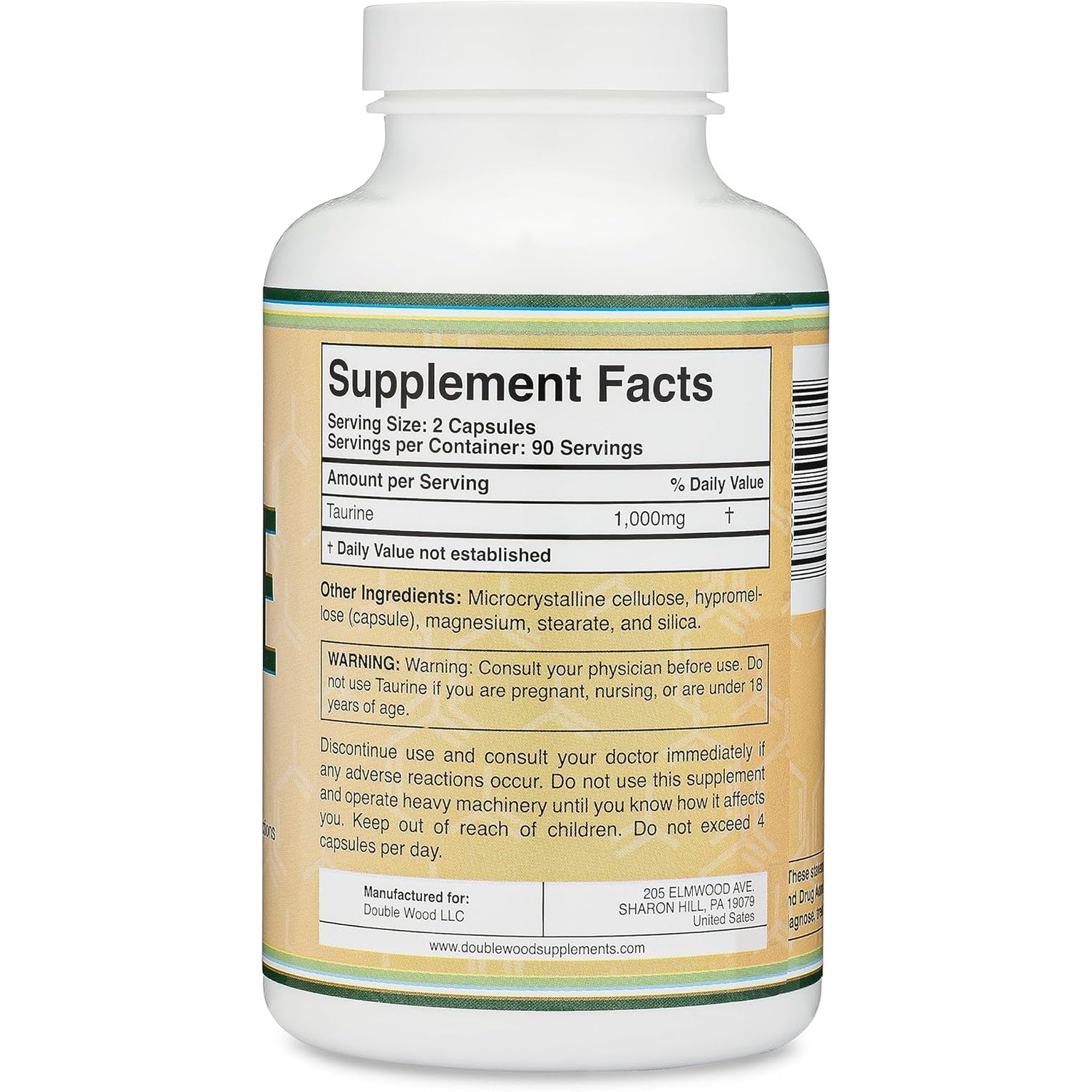 Taurine Supplement 1000Mg per Serving, 180 Capsules - Amino Acid Studied to Support a Longer, Healthier Life (Taurina) Vegan Safe, Gluten Free, Non-Gmo by Double Wood