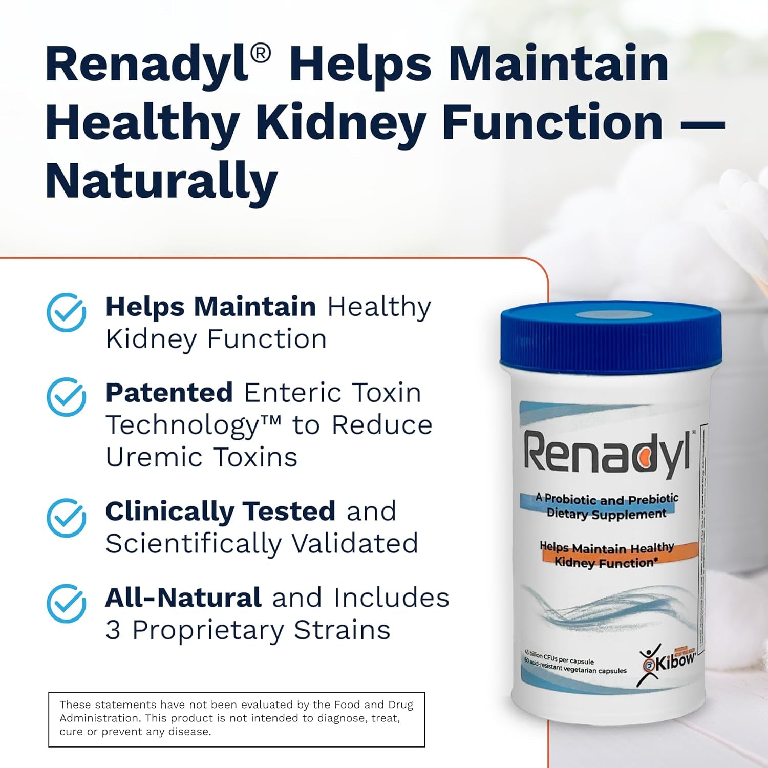 Renadyl Kidney Probiotic Supplement | Urea, Creatinine, & Uric Acid Support | 45 Billion Cfus | Clinically Tested, Non-Gmo, & Made in USA, 60 Capsules (1 Bottle, 1 Month Supply)
