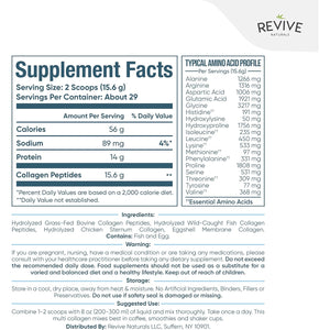 Revive Naturals Multi Collagen Hydrolyzed Protein Powder (16Oz) - Types I, II, III, V & X - Grass Fed Bovine, Wild Caught Marine, Free Roaming Chicken & Eggshell Collagen Peptides,