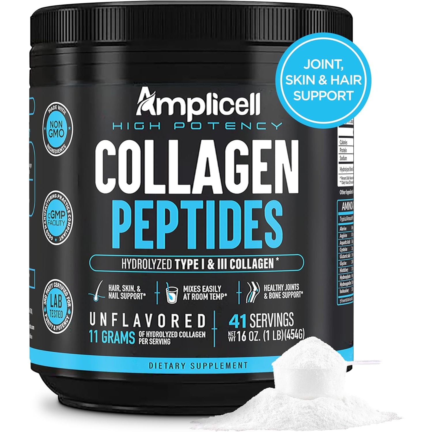 AMPLICELL Multi Collagen Peptides Powder – Hydrolyzed Type I & III Grass-Fed Bovine Collagen – Unflavored Protein for Hair Skin Nails, & Joints – Keto Paleo, Collagen for Men & Women – 41 Servings