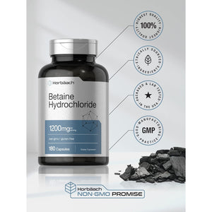Horbäach Betaine Hcl 1200Mg | 180 Capsules | Betaine Hydrochloride Supplement | Non-Gmo, Gluten Free