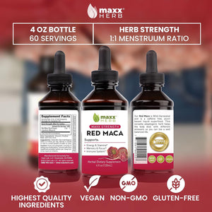 Maxx Herb Red Maca Root Extract - Max Strength Liquid Drops Absorb Better than Powder or Capsules, for Stamina, Memory and Focus - 4 Oz Bottle (60 Servings)