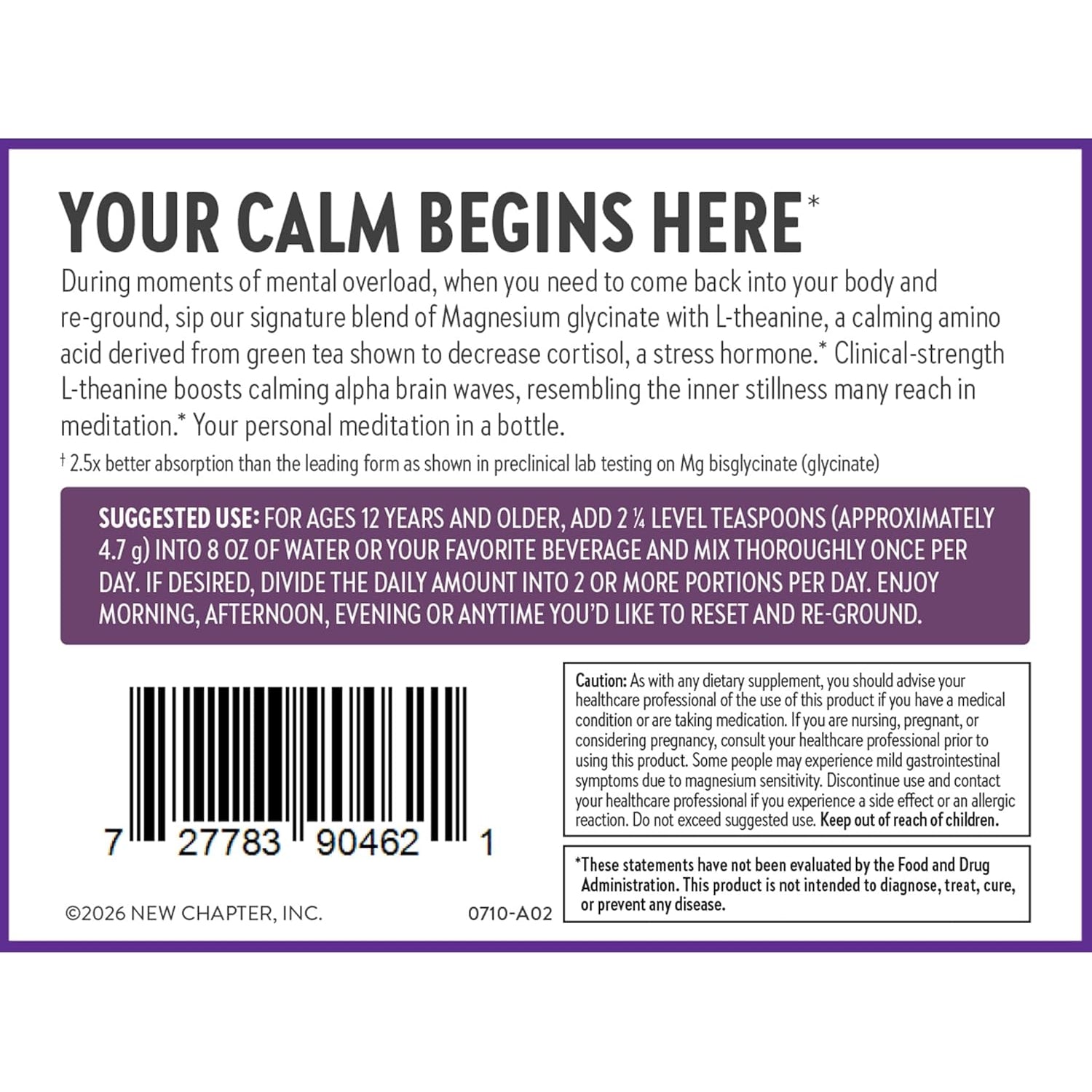 New Chapter Magnesium Glycinate + L-Theanine Supplement Powder, with 325 Mg Magnesium & L-Theanine 200 Mg for Calm, Focus, Mental Clarity, Muscle Relaxation & Cortisol Balance*, 30 Servings