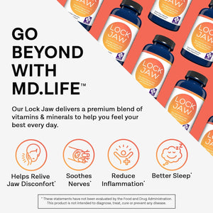 MD.LIFE Lock Jaw Assistance - 60 Vegan Capsules - TMJ Relief Support and Jaw Relaxer Supplement - Double Strength Formula Tension Relief- Third-Party Tested