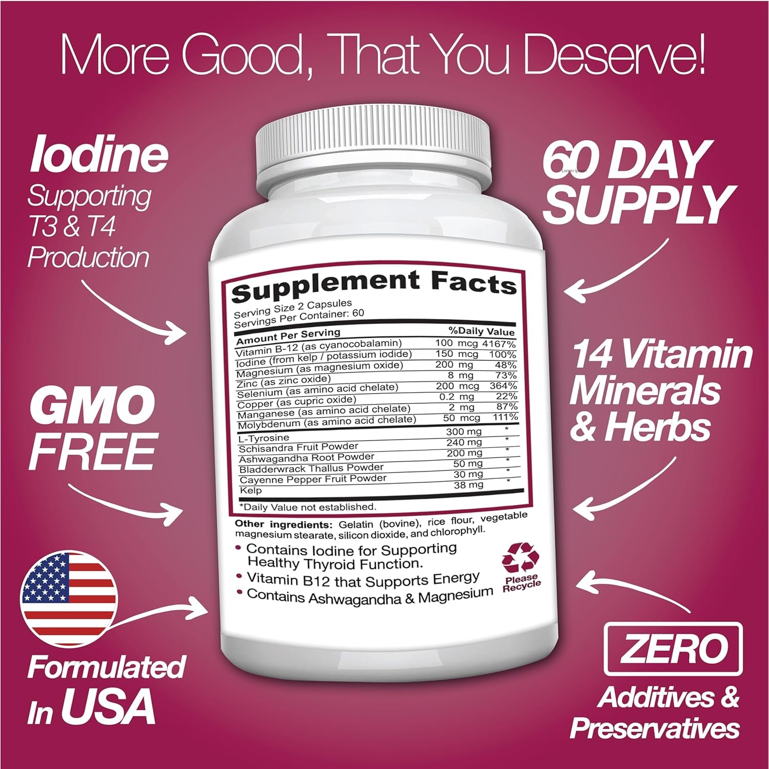 Thyroid Support Supplement with Iodine |120 Capsules to Help Body Mass & Improve Energy, Cardiovascular, Energy & Focus Formula | 14 Natural Vitamins