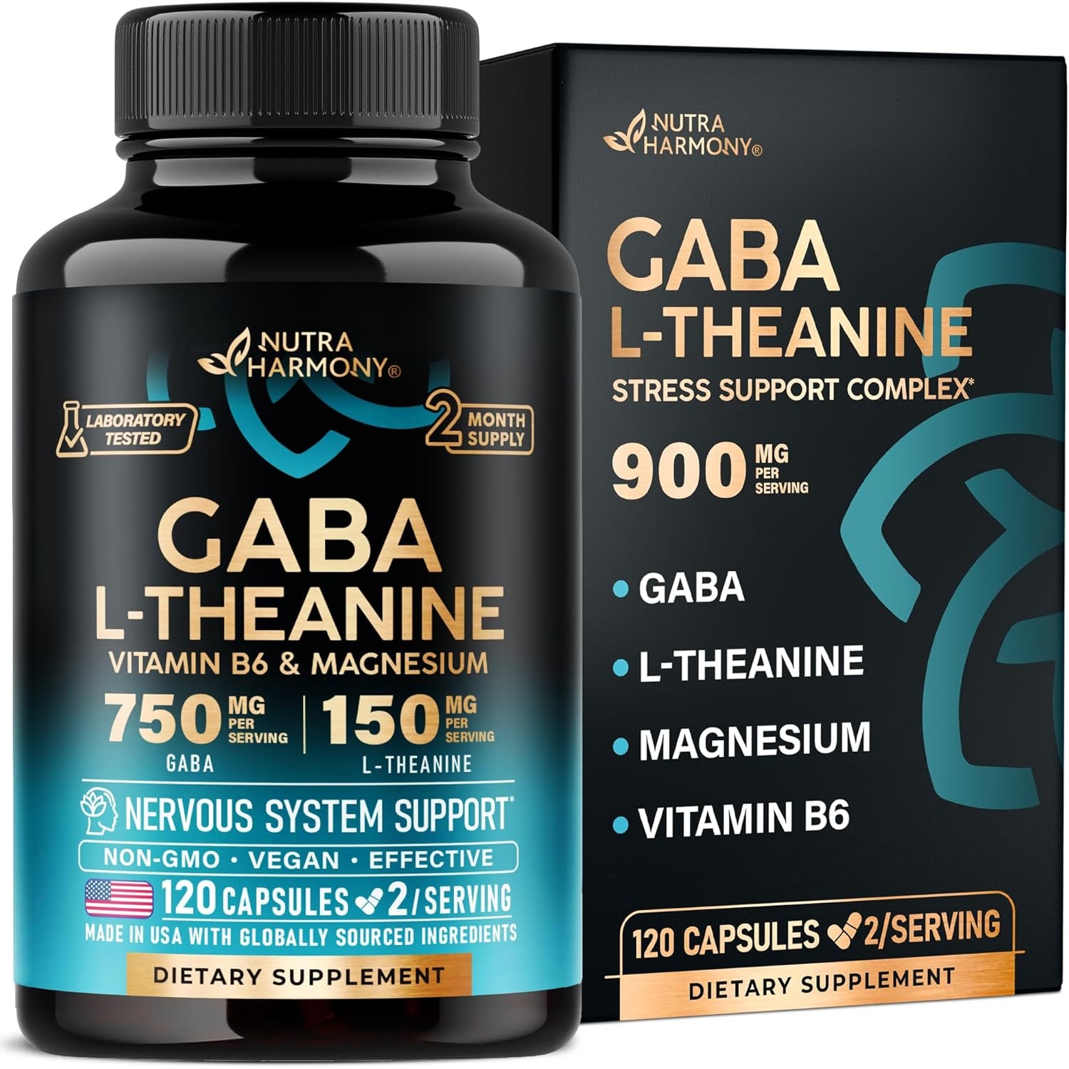 GABA L-Theanine 900 Mg - Magnesium | Vitamin B6 - Calm, Sleep, Relaxation & Mood Support - Lab Tested - 750 Mg Gamma Aminobutyric Acid, 150 Mg L-Theanine - Non-Habit Forming, Vegan - 120 Capsules