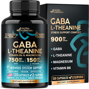 GABA L-Theanine 900 Mg - Magnesium | Vitamin B6 - Calm, Sleep, Relaxation & Mood Support - Lab Tested - 750 Mg Gamma Aminobutyric Acid, 150 Mg L-Theanine - Non-Habit Forming, Vegan - 120 Capsules