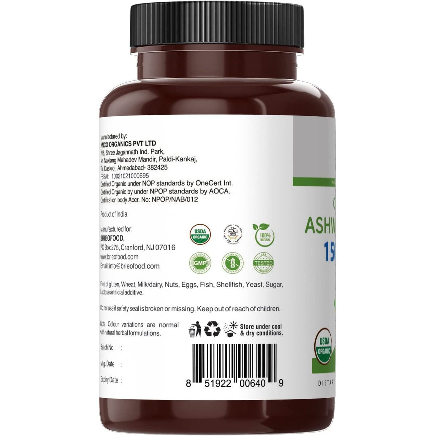 Brieofood Organic Ashwagandha 1500Mg, 45 Servings, Vegetarian, Gluten Free, 90 Vegetarian Tablets