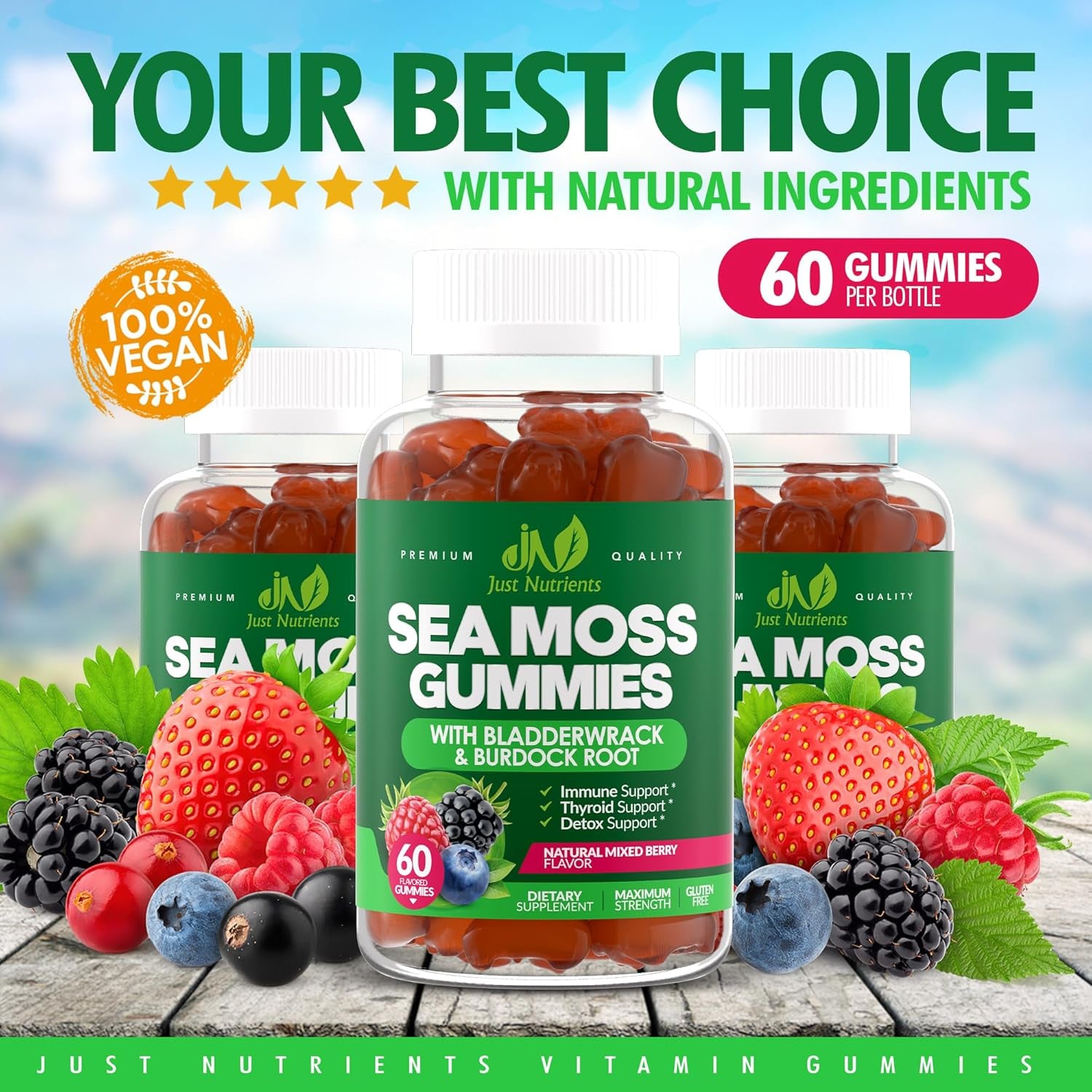 Sea Moss 3000Mg Gummies with Bladderwrack and Burdock Root - Natural Irish Sea Moss Superfood for Immune, Thyroid and Detox Support - Extra Strength for Men & Women - Gluten-Free, Vegan - 60 Gummies