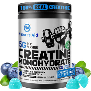 Natures Aid NSF Certified Creatine Gummy 5G - Creatine Monohydrate Gummies – Pre-Workout Energy & Muscle Growth Support for Men & Women | Blueberry Electrolyte Gummies (135 Count)