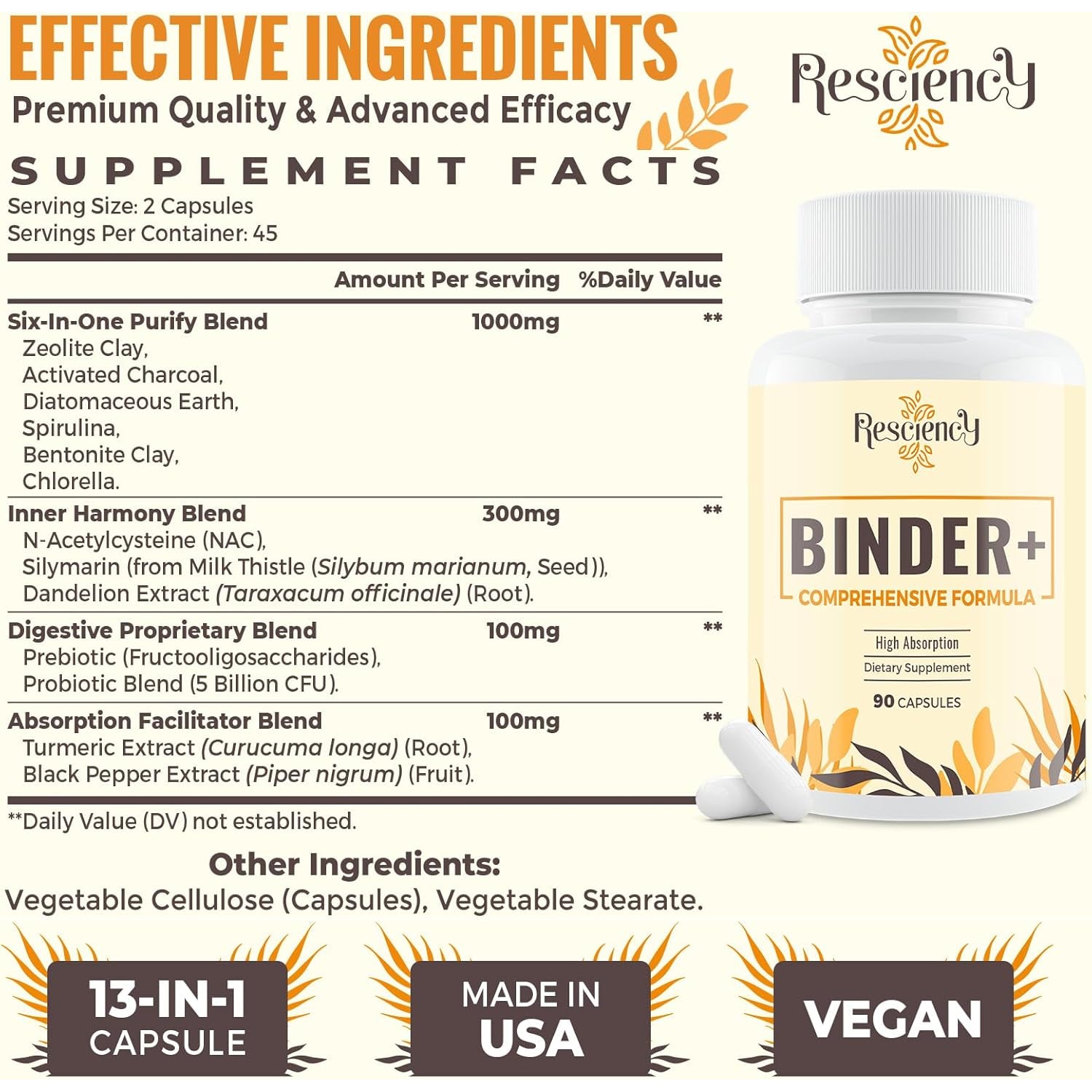 Resciency Detox Binder Supplement – Activated Charcoal, Zeolite, Bentonite Clay, Milk Thistle, Proprietary Blends - Liver & Gut, Max Absorption, 90 Vegan Capsules