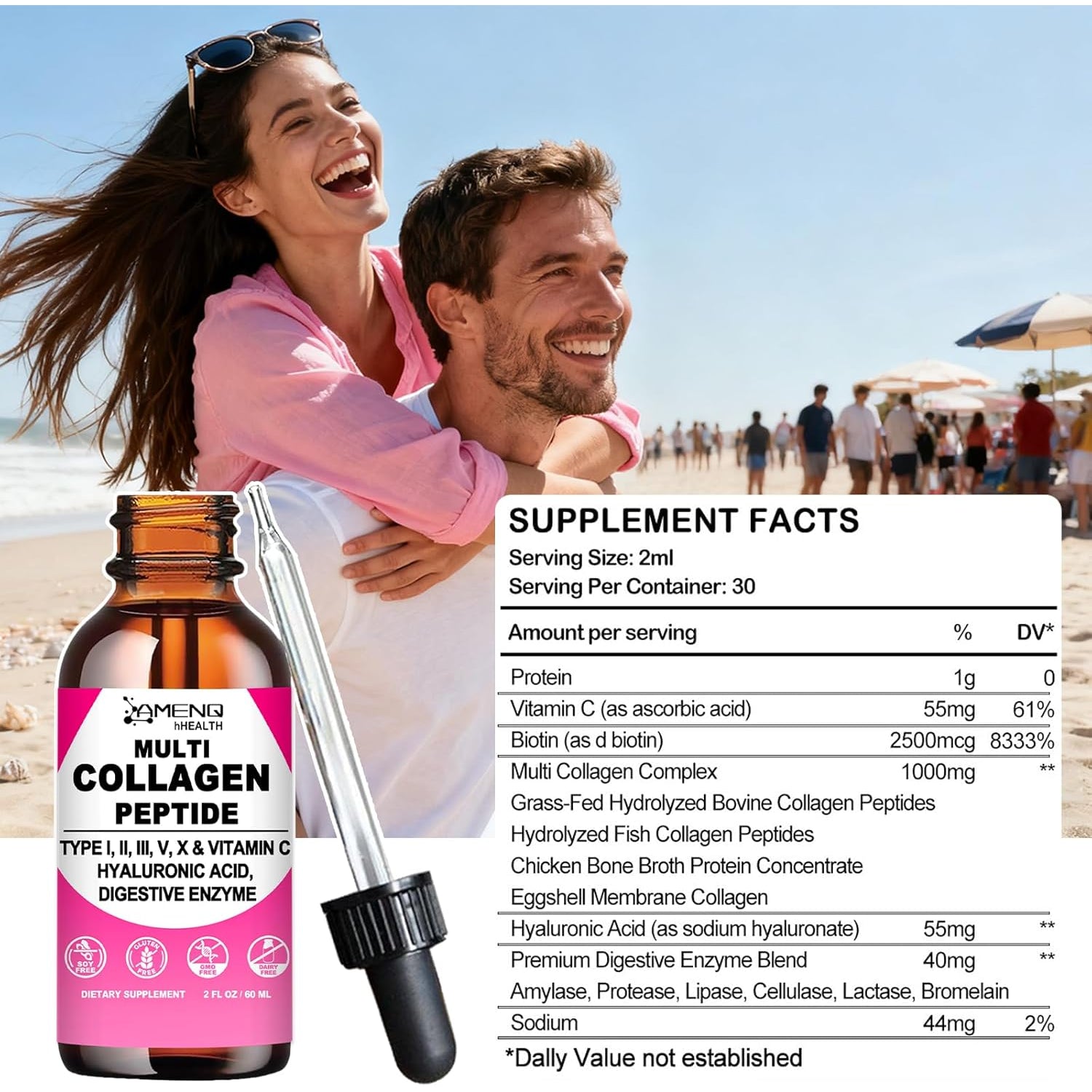 Multi Collagen Peptides Liquid Drops for Women & Men, Hydrolyzed Collagen Peptides Type (I, II, III, V, X)Proteins Complex W. Hyaluronic Acid, Biotin & Vitamin C, Support Hair Skin Joint & Gut Health