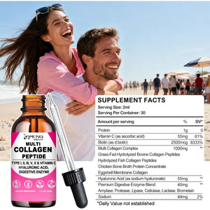 Multi Collagen Peptides Liquid Drops for Women & Men, Hydrolyzed Collagen Peptides Type (I, II, III, V, X)Proteins Complex W. Hyaluronic Acid, Biotin & Vitamin C, Support Hair Skin Joint & Gut Health
