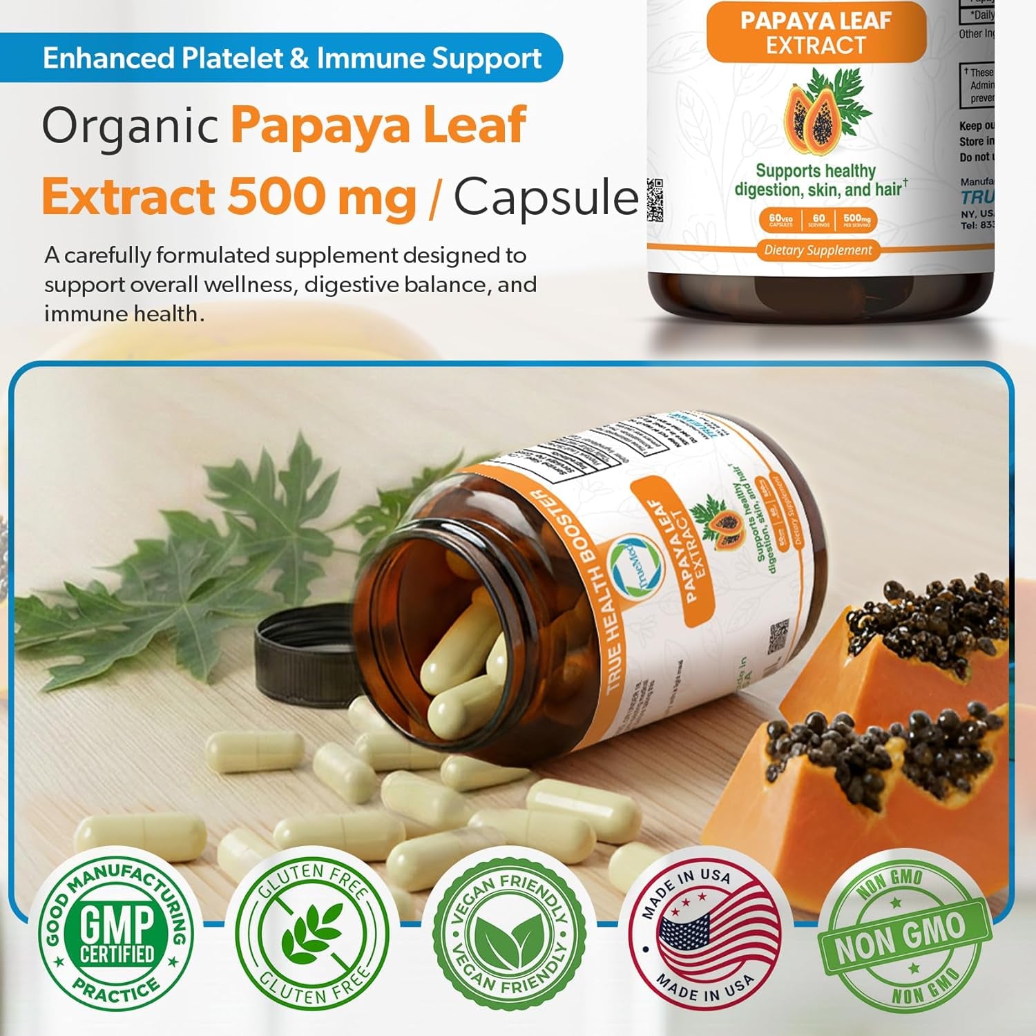 Papaya Leaf Extract 500 Mg for Hair, Skin with 4X Extra Strength Support Blood Platelet with 60 Capsules for 60 Days Supports Digestive Health & Natural Antioxidant