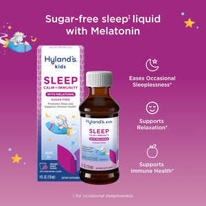 Hyland'S Kids Sleep Calm & Immunity with Melatonin, Sugar-Free Sleep Aid Liquid with Magnesium, Vitamin D, Zinc & Elderberry, Promotes Sleep & Supports Immune Health, Ages 2+, Grape Flavor, 4 Fl. Oz.