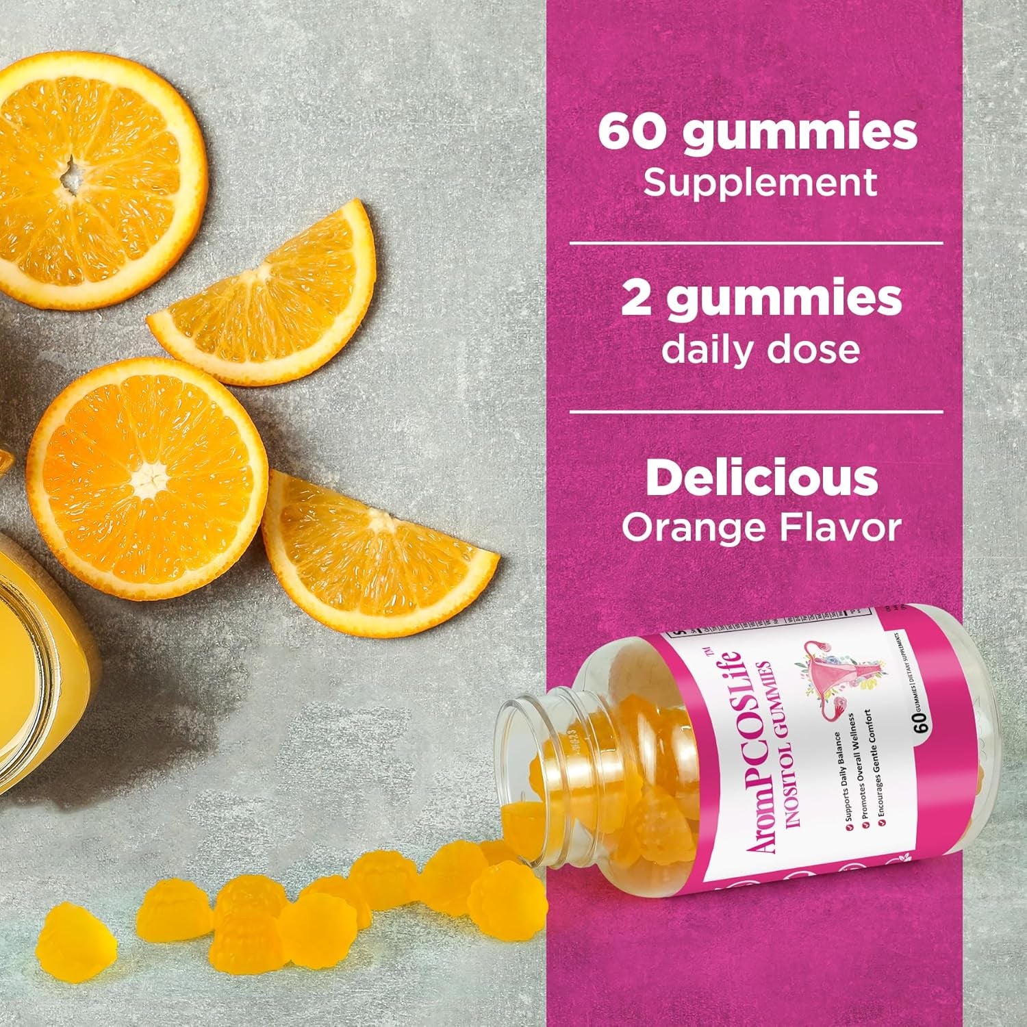 Arompcoslife Inositol Gummies for Women, 60 Count, Myo-Inositol Supplement with Folate & Vitamins B6 & B12, Supports Daily Wellness, Orange Flavor