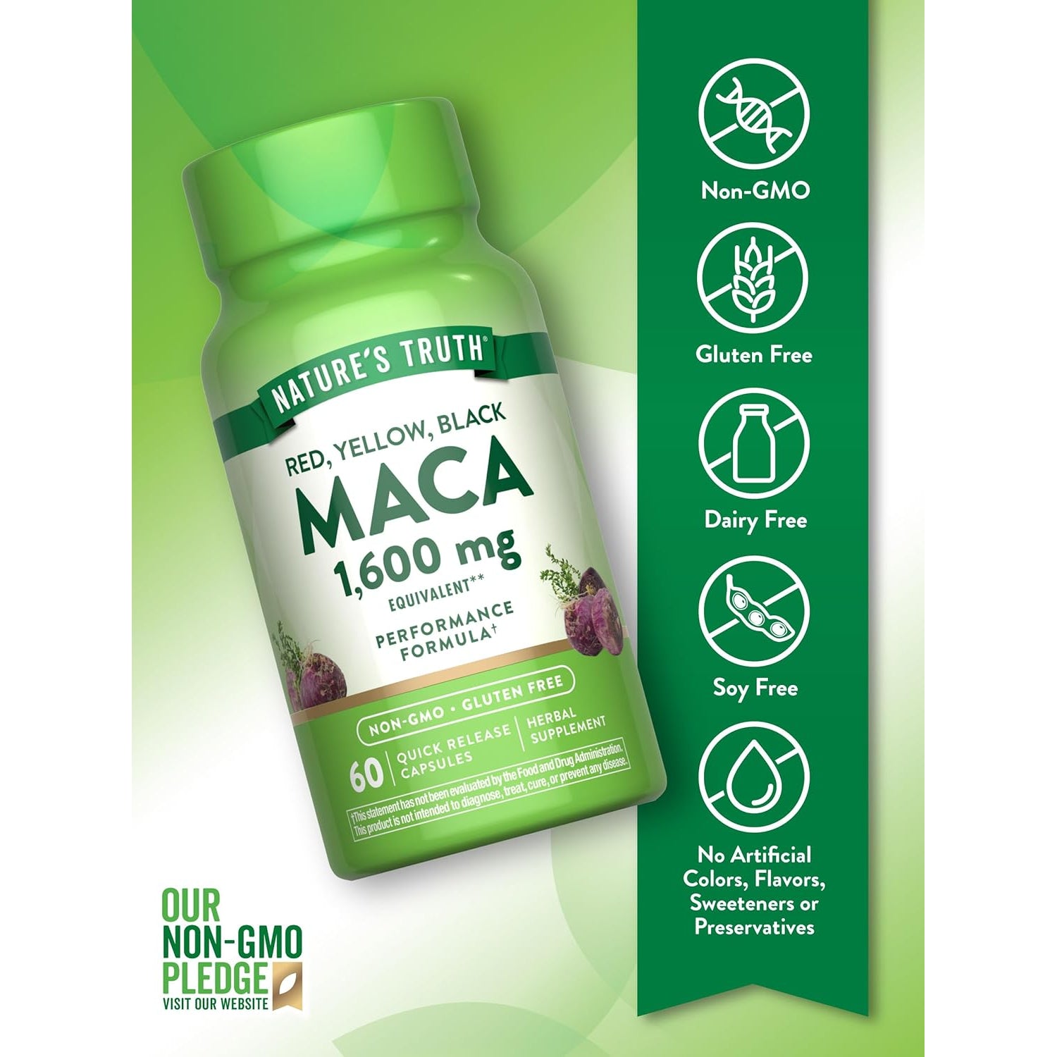 Nature'S Truth Maca Root | 60 Quick Release Capsules | Red, Yellow, and Black | Performance Formula | Non-Gmo & Gluten Free Supplement