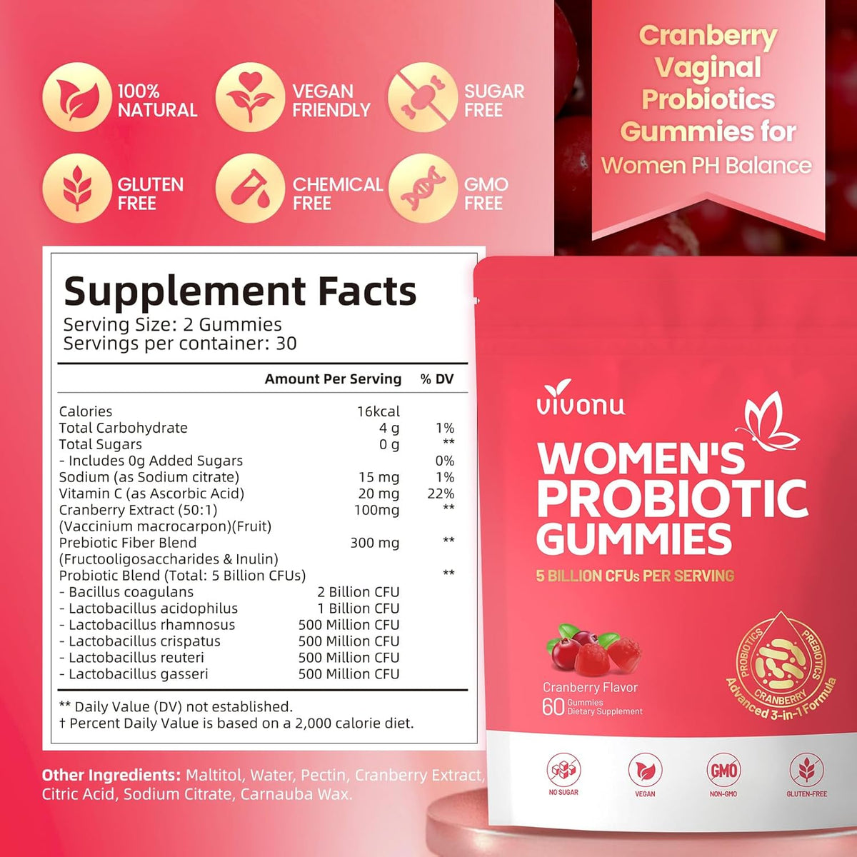 Vivonu Viginal Probiotics for Women, Women Probiotic Gummies, Feminine Balance Gummies, Prebiotic Gummy, Cranberry Probiotics for Woman Vaginigal Health, Yeast Ph Balance| 60 Gummies