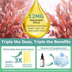 Astaxanthin Supplement 12Mg Liquid Drops, Premium Natural Astaxanthin Antioxidant from Fresh Microalgae Source W. Mct Oi for Eye Immune Joint Skin Health, Liquid Formula for Max Absorption