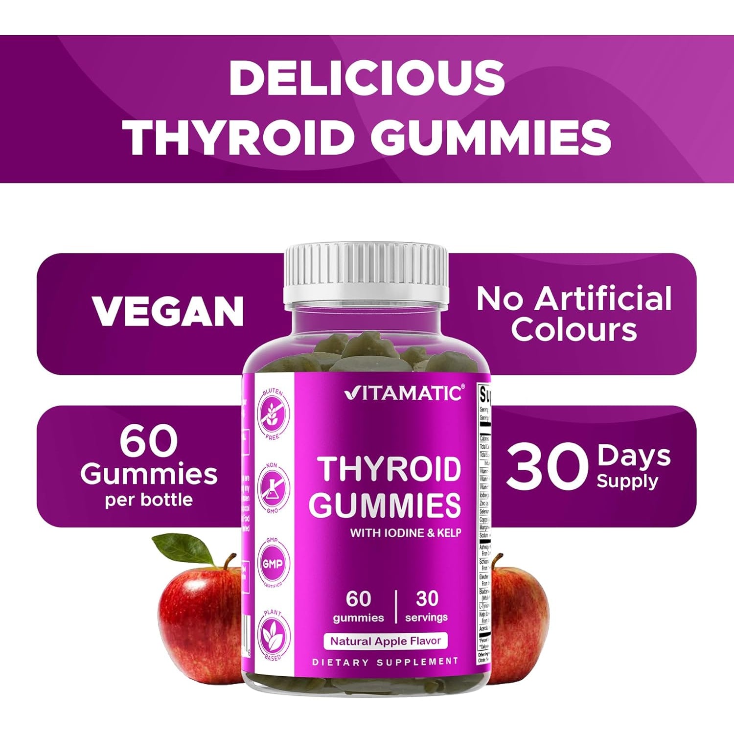 Vitamatic Vegan Thyroid Support Gummies with Iodine & Kelp – 60 Count Improve Your Energy & Increase Metabolism – Plant-Based