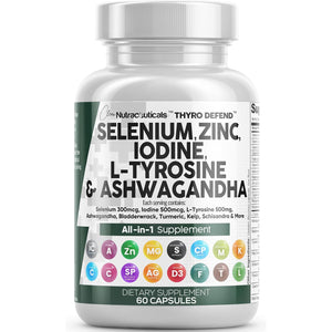 Clean Nutra Selenium 300Mcg Iodine 500Mcg Thyroid Support for Women & Men | L Tyrosine 500Mg Ashwagandha Supplement Bladderwrack, Turmeric, Kelp, Schisandra Zinc Pills Capsule Supplements