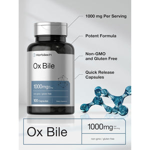 Horbäach Ox Bile Supplement | 1000Mg | 100 Capsules | Digestive Enzymes Supplement | Non-Gmo & Gluten Free