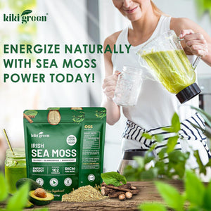KIKI Green Irish Sea Moss Powder 8 Oz - with Bladderwrack Burdock Root Extract for Immune Support - Keto, Vegan Supplement