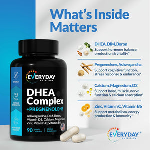 DHEA Micronized 200Mg Complex with Pregnenolone 100Mg Supplement for Men & Women with Ashwagandha, DIM, Magnesium, Boron, Calcium , Zinc, Vitamin D3, C and B6 Hormone Support - Made in USA 90 Capsules
