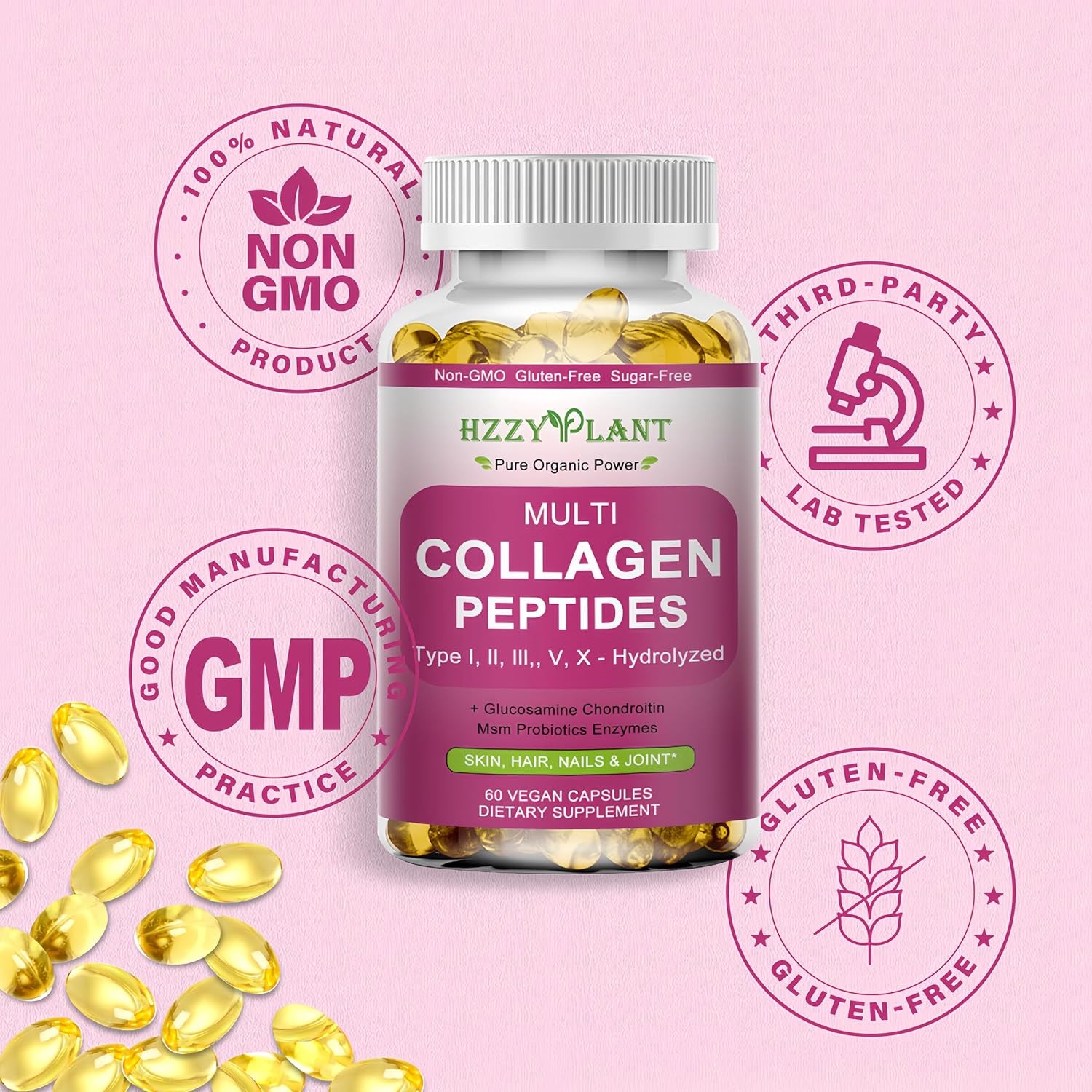 Multi Collagen Peptides Softgel - Type I, II, III, V, X - Hydrolyzed Collagen Peptides with Biotin Vitamin C Hyaluronic Acid for Women & Men, Supports Skin Hair Nail & Joint, Non-Gmo, 60 Servings