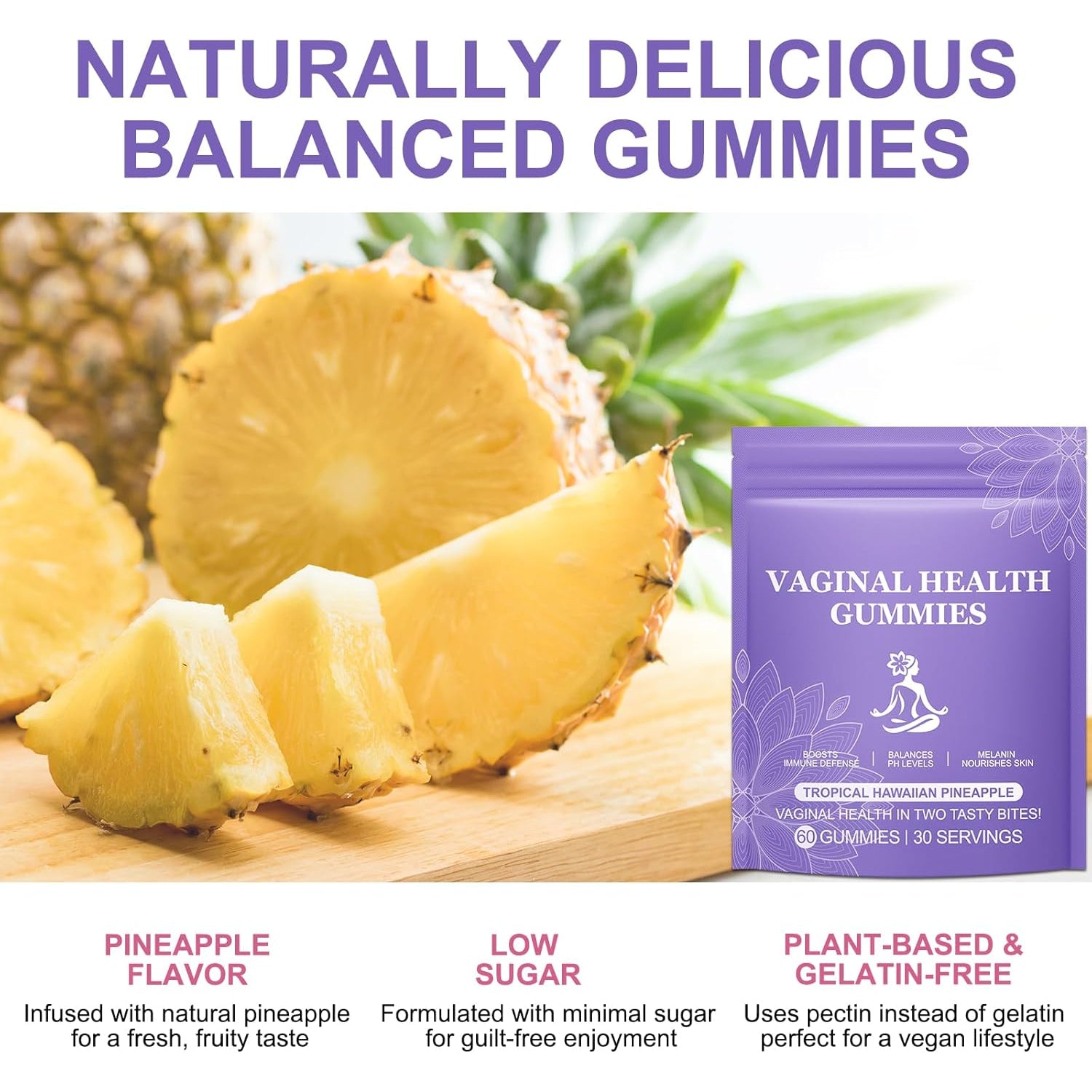 Pineapple Gummies for Women PH 60 Count, PH Balance for Women, Probiotics Vaginal Gummy, Improve Immune, Hawaiian Pineapple Flavor, Vegan & Low Sugar, Premium Balance Gummies