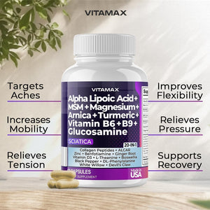 Sciatic Nerve Health Support - Sciatic Nerve Supplement Capsules with Folic Acid, Pea, Glucosamine, MSM, Vitamin B Complex, Alpha Lipoic Acid 300Mg – 60Ct – Made in USA