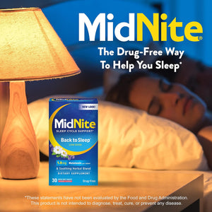 Midnite Back to Sleep Low Dose, 1.5 Mg Melatonin Sleep Aid, Non-Habit Forming, Herbal Dietary Supplement for Adults, Drug-Free, Gluten-Free & Lactose-Free, Vegetarian, Vegan, 30 Quick Melt Tablets