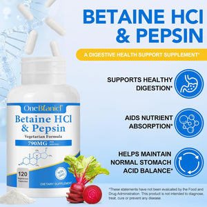 Betaine Hcl with Pepsin Digestive Enzymes Supplement, 120 Vegan Capsules, 790Mg Gluten-Free Formula for Digestive Support & Stomach Comfort, Plant-Based, Non-Gmo