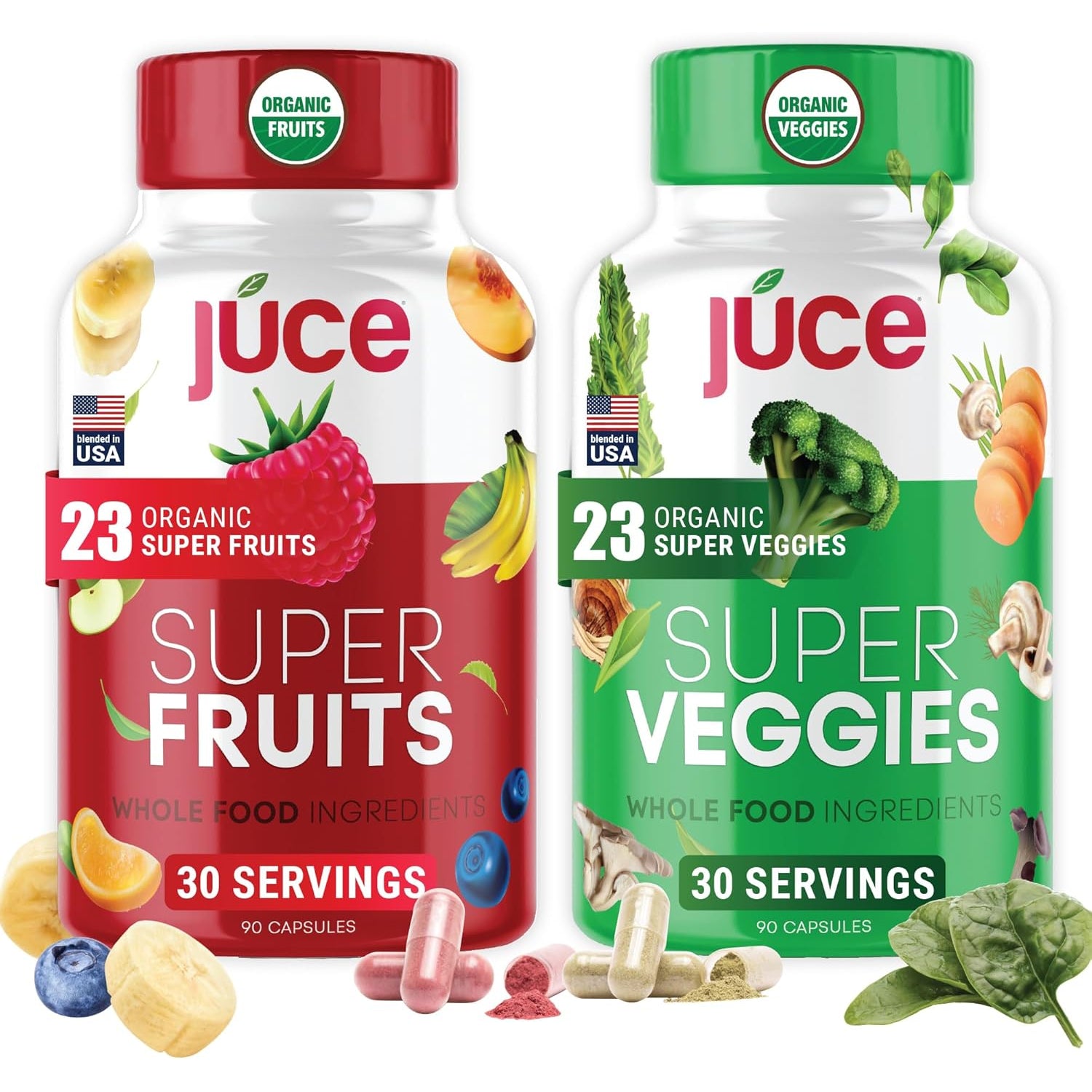 Juce Original Formula - Organic Super Fruit & Veggies Supplement - Gluten/Gelatin Free, Soy Free & Vegan- Reds & Greens Superfood Capsules- 23 Fruits & 23 Vegetables (180 Count)- by Terra Kai Organics