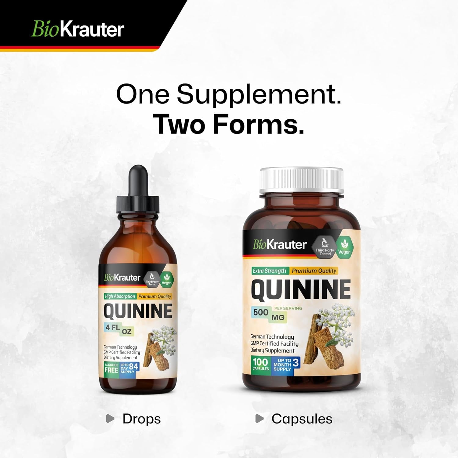 BIO KRAUTER Quinine for Leg Cramps Capsules 500 Mg - 100 Count - Cinchona Bark Powder - Quinine Capsules - Vegan, No Fillers
