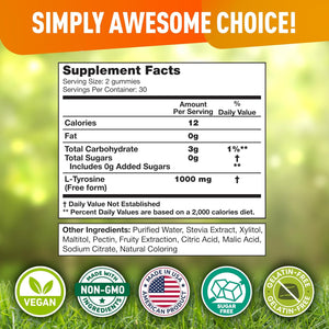 Biovit L Tyrosine Gummies - Activated Amino Acid L Tyrosine Supplement - Natural Focus, Mood and Energy Supplement for Kids & Adults - L-Tyrosine 1000MG per Serving, 500MG per Gummy - 60 Vegan Gummies