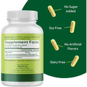 BESTVITE Bioperine 10Mg (240 Vegetarian Capsules) (120 X 2) - No Stearates - Vegan - Non GMO - Gluten Free - Absorption Enhancer