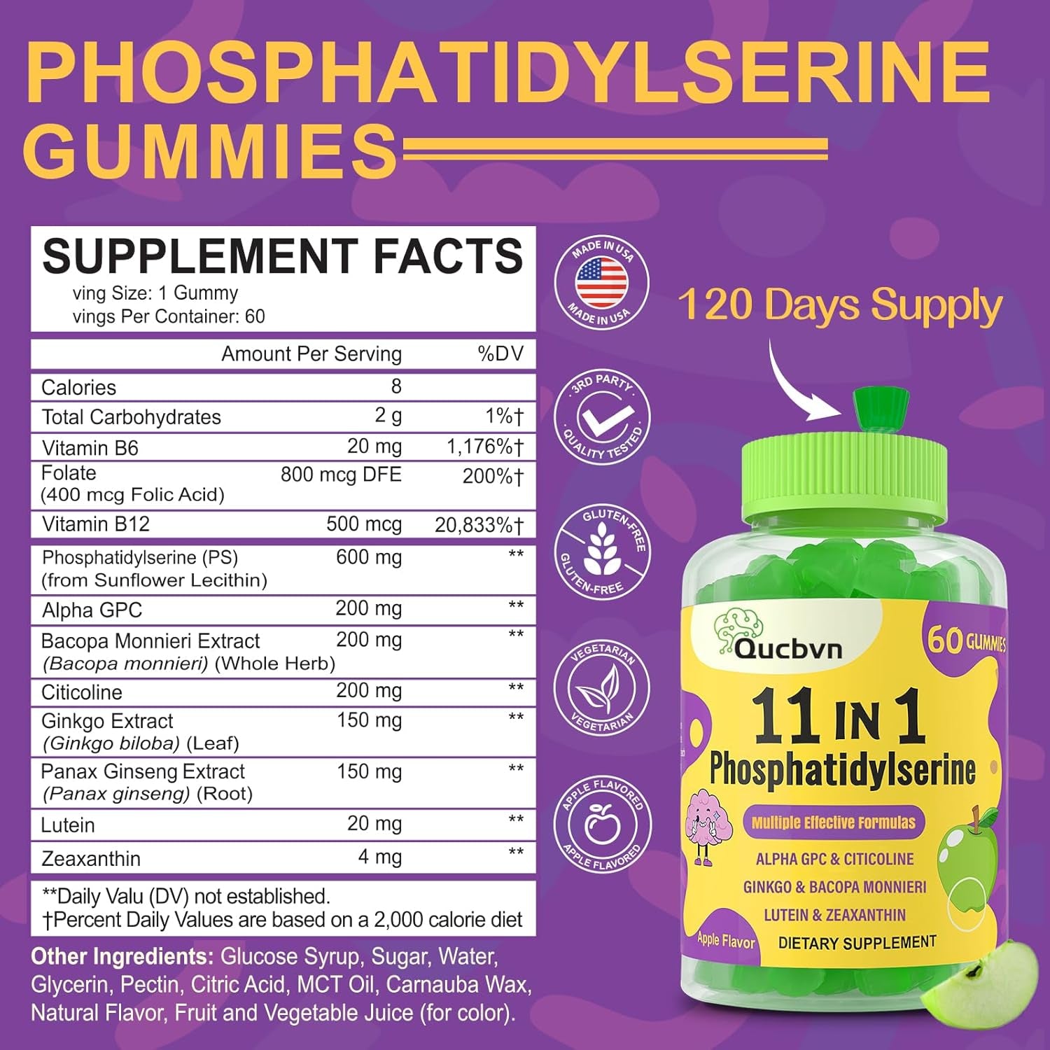 (2 Packs) Phosphatidylserine Gummies, Brain Supplement for Memory, Focus and Concentration - Phosphatidylserine Memory Supplement with Alpha GPC, B6 & B12 for Brain and Cognitive, 120 Gummies
