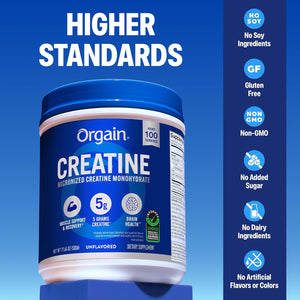 Orgain Creatine Monohydrate Micronized Powder, 100 Servings, Unflavored, Supports Muscle Growth, Post Workout Recovery and Brain Health, No Artificial Additives, for Men & Women (Packaging May Vary)