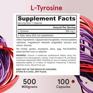 Jarrow Formulas® L-Tyrosine 500 Mg, Dietary Supplement, Amino Acid Supplement for Brain Health Support, 100 Capsules, 100 Day Supply