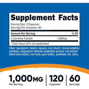 Nutricost L-Carnitine Tartrate 1000Mg, 120 Capsules - 500Mg per Capsule (60 Servings)