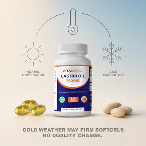 Vitamatic Castor Oil Softgels 750 Mg | Cold Pressed | 180 Softgels | Easy-To-Swallow