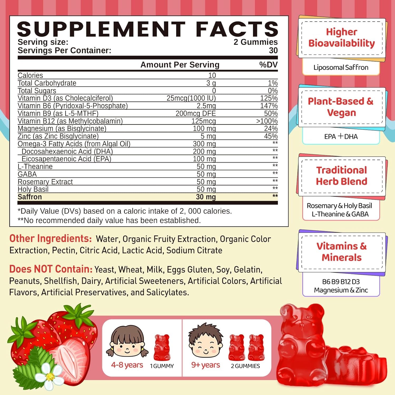 Liposomal Saffron Gummies for Kids 4+, Saffron Supplements W/Holy Basil, Rosemary, Magnesium Glycinate, Omega-3 & More, Brain Focus Support Supplement, Vegan, Organic, Sugar Free, 60 Chewables