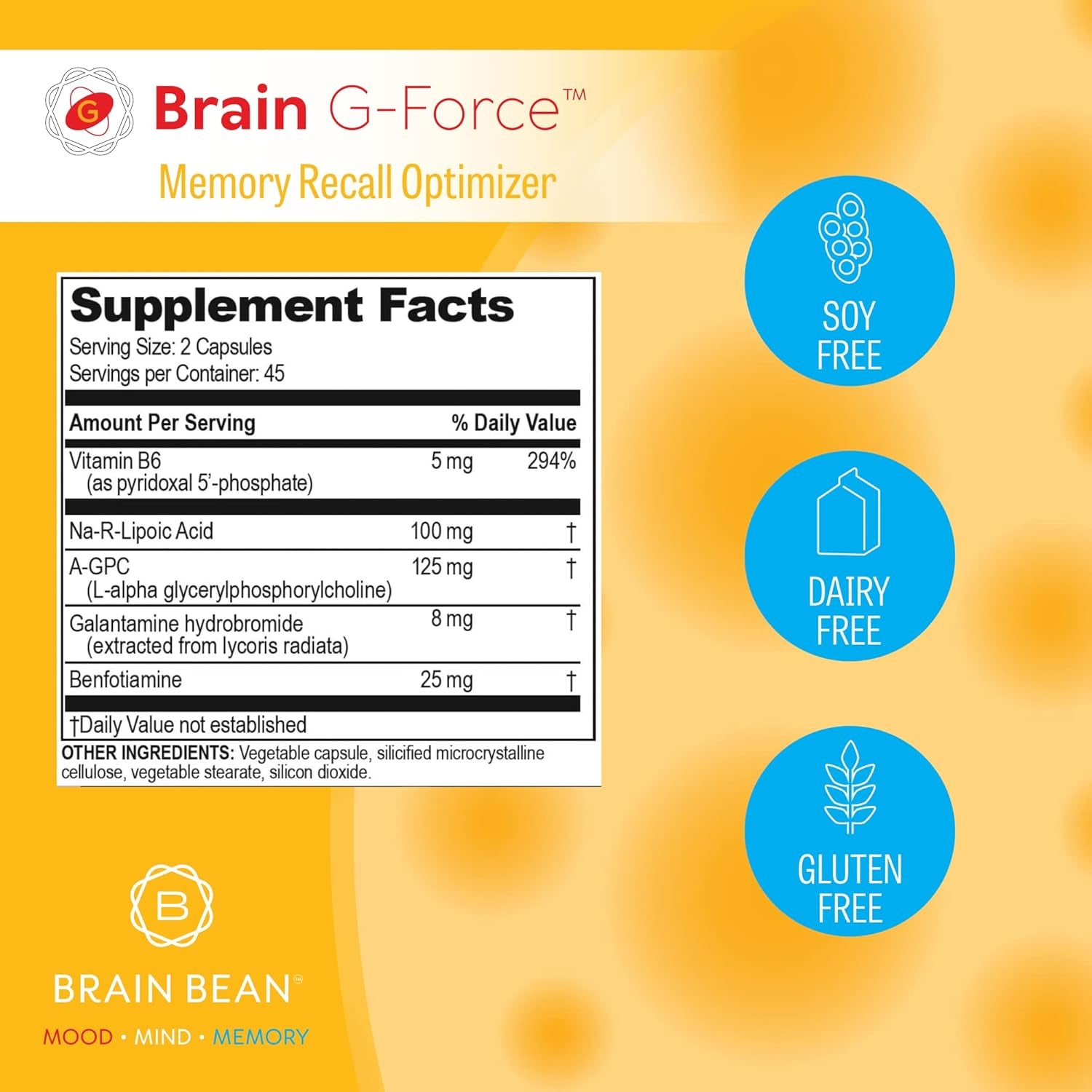 Brain G-Force | for Optimal Brain Function | with Galantamine, R-Lipoic Acid, A-GPC, and Benfotiamine | 45 Servings