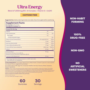 Natrol Ultra Energy 4-In-1 Blend 1000Mcg B12, Vitamin B Complex, Vitamin D, Coq10 Gummies 60 Ct, Vegetarian, Caffeine Free, Supports Cellular Energy Production