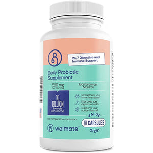 WELMATE - Daily Probiotic Supplement (200 Capsules) Saccharomyces Boulardii 500Mg - 24/7 Digestive Support, Immune Support - 10 Billion CFU - Over-The-Counter Medication - Vegan, Gluten Free, Non GMO