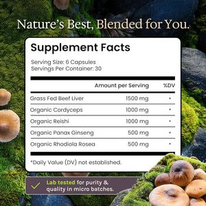 Grass Fed Beef Liver with Cordyceps, Reishi, Panax Ginseng & Rhodiola — Foundation 180 Capsules — Non-Gmo, No Fillers, Third Party Tested
