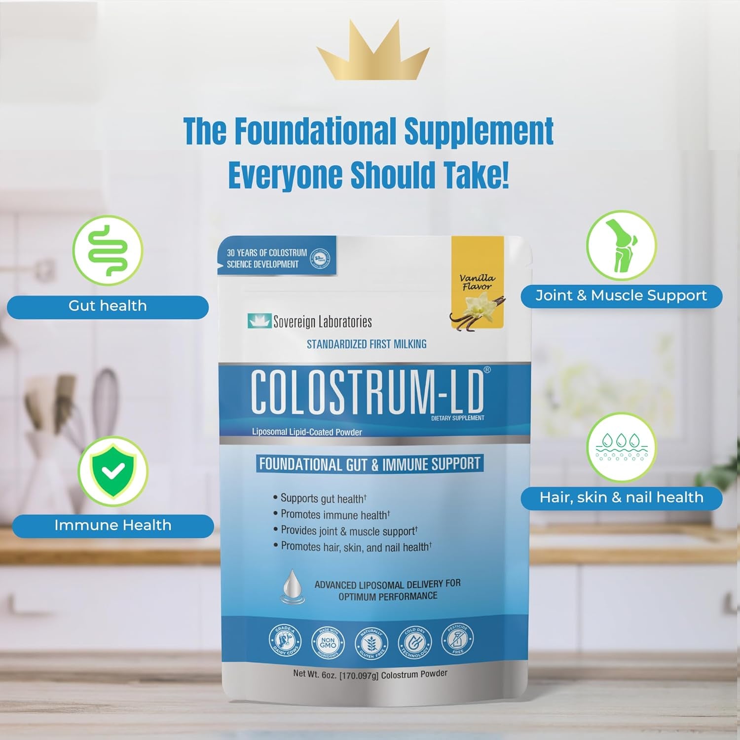Colostrum-Ld Liposomal Delivery - Colostrum Powder - Gluten-Free, Lactose-Reduced - 34 Servings - Sovereign Laboratories - 6 Oz Vanilla